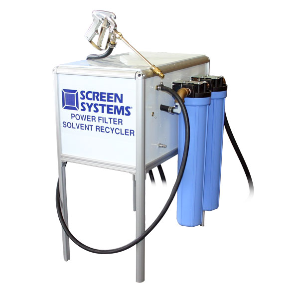 The safest manual screen washing system available. The system is totally air driven, no electricity is used. The wand trigger controls the system, which pulls solvent from a  drum and sprays it on your screen. A second pump pulls the solvent from the drain and power filters it to one micron before returning it to the drum. Click the "Read More" for more information.