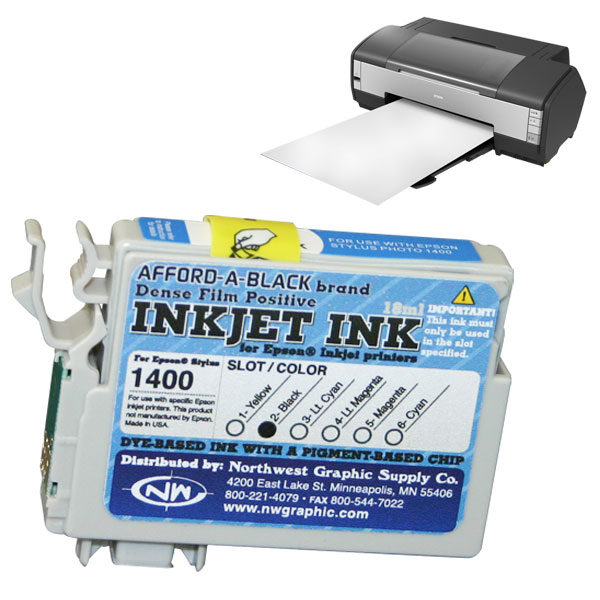 Inkjet ink for film positive printing. Dye-based ink with a pigment-based chip.