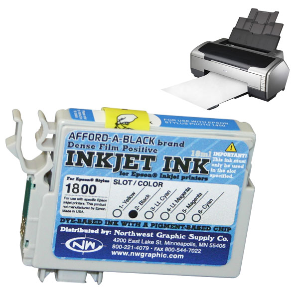 Inkjet ink for film positive printing. Dye-based ink with a pigment-based chip.